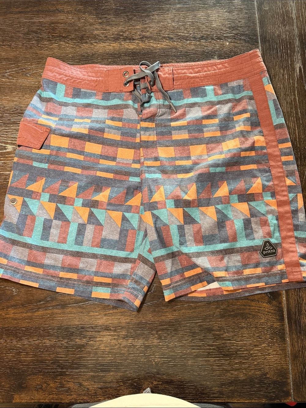 Prana Men’s Geo-Pattern Swim Shorts in Rust, Teal & Gray